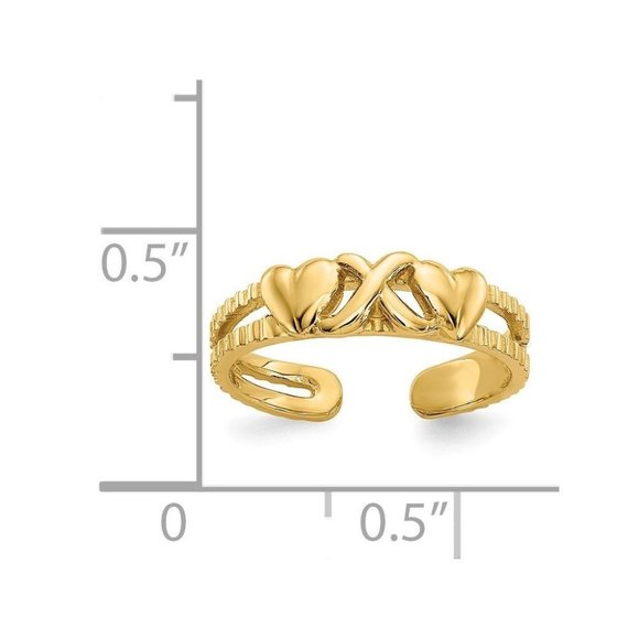 14k Yellow Gold Solid Toe Ring Hearts and X Adjustable - Picture 2 of 4